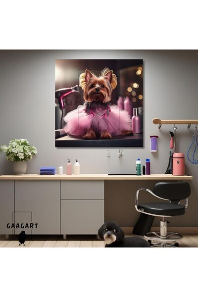 GAAGART Tekli Kare Kanvas Pet Kuaför Pembe Tütülü Yorkshire Köpek