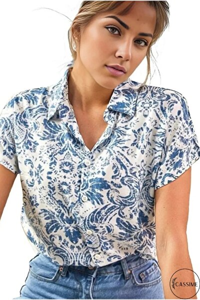 Cassime Жіноча сорочка з короткими рукавами, з ґудзиками у вигляді кажанів і синіми квітами, з віскози
