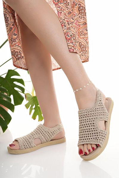 Modafırsat Beige Straw Sandals - Lace Knitwear Embroidery, New Season Summer Vacation Sandals