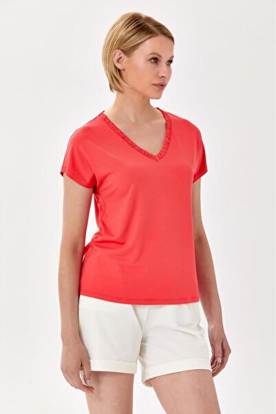 İKİLER V Yaka Yakası Büzgülü Düşük Kol Bluz 024-1000