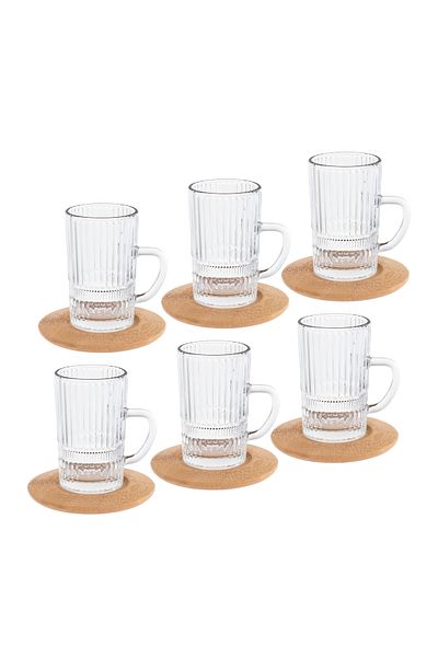 HIC Tea cup with wooden plates set of 6 pieces