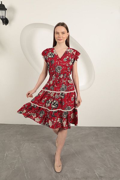 Moka Shopin Viscose Floral Patterned Dress-Red