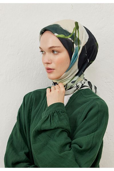 Fresh Green Soft Scarf - Sunset Memories Patterned Cotton Voile