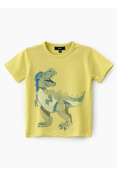 Basicxx تي شيرت قطني برسومات ديناصور باللون الأخضر الليموني للأولاد