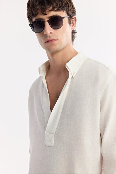 Avva Men's White Buttoned V-Neck Linen Blend Comfort Fit Shirt A51Y2148