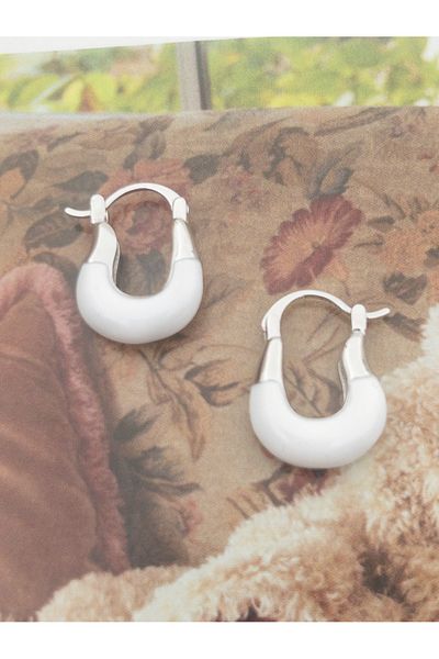 Siya Silver U Model Silver Colored Steel Earrings with White Enamel