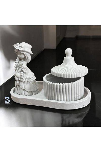 Home Multi-Purpose Concrete Box Set with Vintage Girl Figure |   Elegance of Nostalgia Decor Table Set