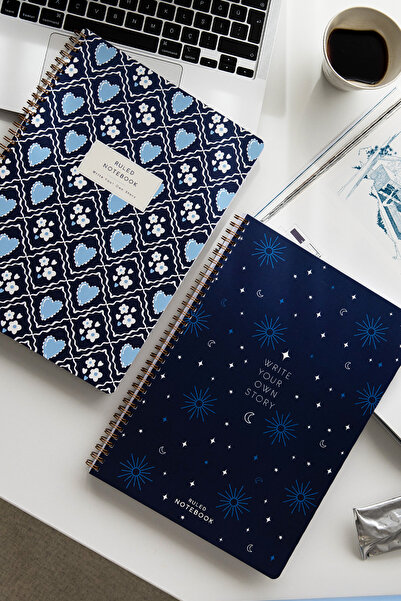 PAPERORA A4 Spiralli Karton Kapak 2’li Set Çizgili Okul Defteri 80 yaprak, Ders Programlı Lacivert Kalp