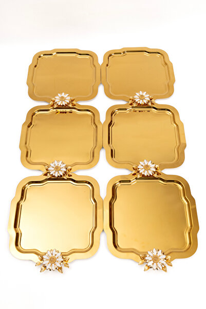 NEWTREND Züccaciye 6'lı Lüx Gold Tepsi Beyaz papatya Çiçekli model Paslanmaz Çelik Çay ,kahve , Servis Sunum Tepsisi