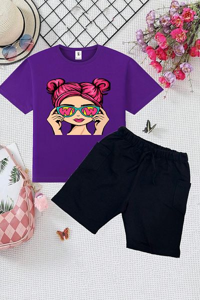 twins tailors Cat and Girl Printed 2 Pieces Summer T-Shirt-Shorts Children's Set