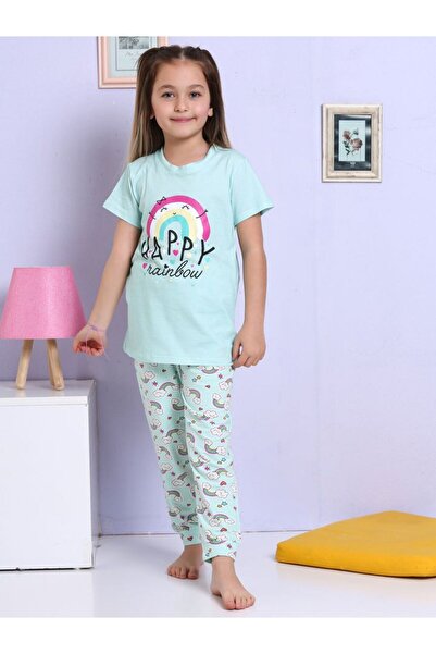 Little Miny Kids Minykids Rainbow Patterned Turquoise Pajama Set