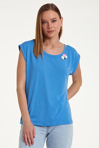 İKİLER Yakası Pullu Ve Taşlı Süs Aksesuarlı Düşük Kol Bluz 023-1057