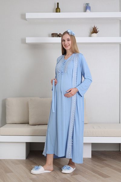 LOHOUSE Set de 2 cămăși de noapte pentru maternitate, din bumbac, albastru, cu volan