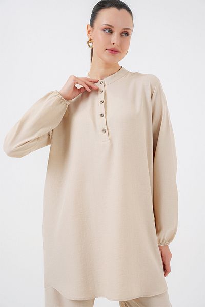 Bigdart Beige Leinen Tunika und Hose Zwei Stück Set 6678