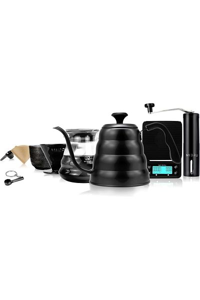 MIBRU V60 Coffee Set 8 Pc Coffee Drip Coffee Make Kit Premium Pour Over Drip Pot W/ Thermometer Lid 1200ml