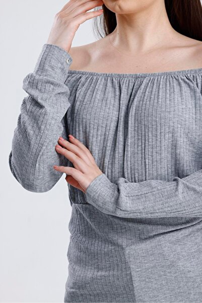 Miss Murem Boat Neck Ribbed Sleeve Blouse-Gray