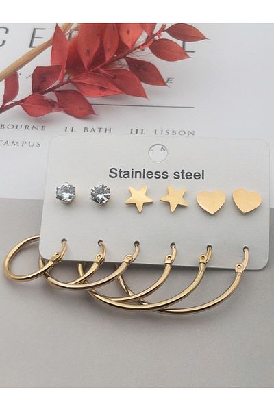 Siya Silver Gold Color Heart Star Zircon Stone Detailed 6 Pairs Steel Hoop Earrings Set (2-3-4 cm)