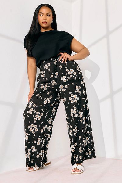 Stil Diva Plus Size Elastic Waist Pocket Daisy Patterned Trousers 310139
