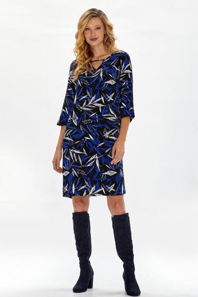 İKİLER Damla Yaka Kısa Kol Desenli Elbise 234-4008