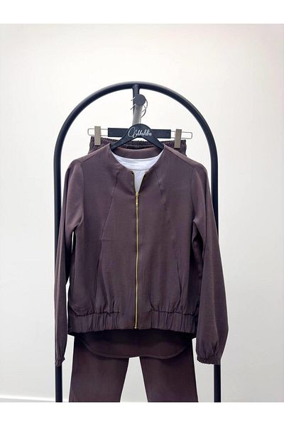 Maldia Shop Zippered Women's Jacket and Pantalon Bottom-Top Coffee Set