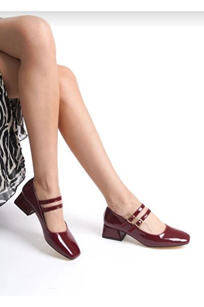 BAY ARMEDON Claret Red Patent Leather Mary Jane - Closed Back, Double-Strapped Square Toe Cap Short Block Heeled Women's Shoes