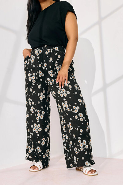 Stil Diva Plus Size Elastic Waist Pocket Daisy Patterned Trousers 310139