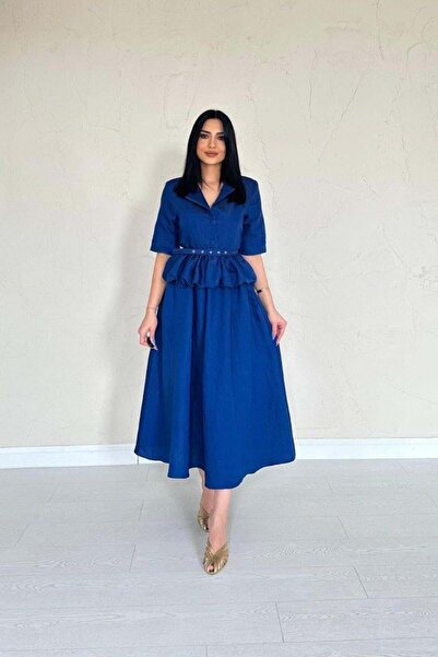 CEYDA GÜMÜŞ Темно-синій піджак з тонким поясом і воланами та спідниця з збірками