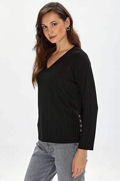 İKİLER V Yaka Eteği Aksesuarlı Uzun Kol Bluz 234-1710