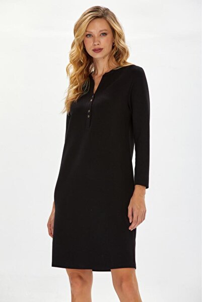 İKİLER Hakim Yaka Yakası Düğmeli Elbise 234-2507