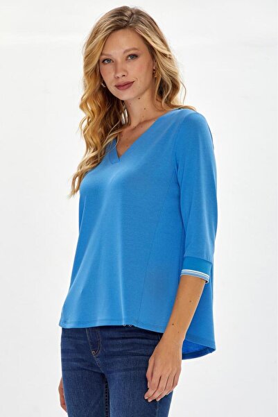 İKİLER V Yaka Kolu Triko Bantlı Bluz 234-1018