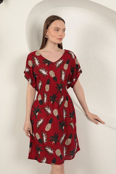 Moka Shopin Mokashopin Viscose Pineapple Patterned Dress-Red