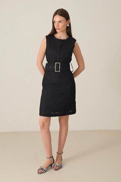 Setre Black Collar Window Detailed Sleeveless Linen Mini Dress with Belt Detail