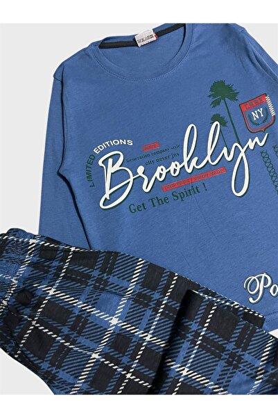 ALİŞ KİDS Erkek Çocuk %100 Pamuklu Mavi Brooklyn Yazı Desenli Altı Ekose Uzun Kollu Mevsimlik Pijama Takımı