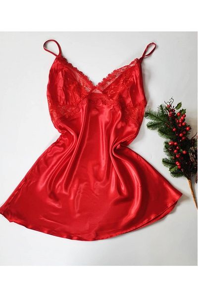 El Major Large Size Red Satin Lace Detailed Short Nightgown