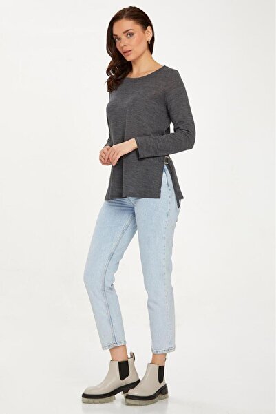 İKİLER Yuvarlak Yaka Yanı Toka Detaylı Triko Bluz 234-1707