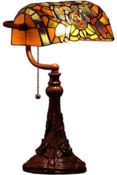HOME LONDON BREEZE Yusufçuk Tiffany Banker Masa Lambası, 25 cm Vitray Abajur