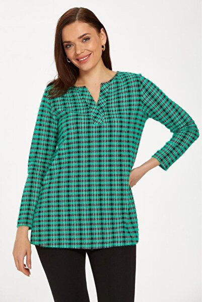 İKİLER Yuvarlak Yaka Yarım Patlı Triko Bluz 234-1736