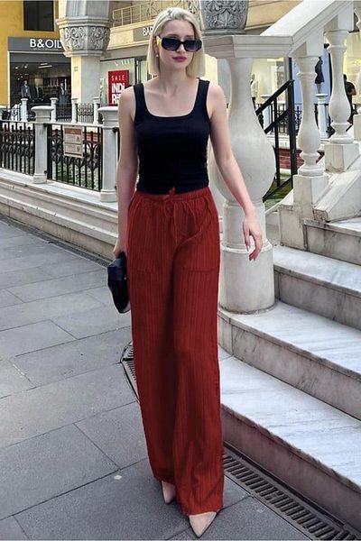 Madmext Burgundy Pocket Wide Leg Women's Trousers Mg1882