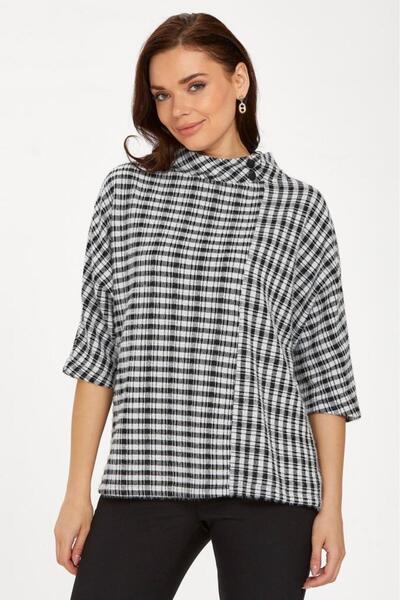 İKİLER Degaje Yaka Yakası Düğmeli Yarasa Kol Triko Bluz 234-1701