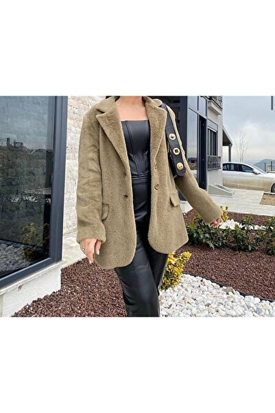 neslihansarıca haki peluş ceket, çift düğme astarlı peluş ceket