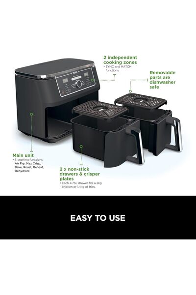 NINJA Foodi MAX Dual Zone Digital Air Fryer, 2 Drawers, 9.5L, 6-in-1, Uses No Oil, Air Fry, Crispy