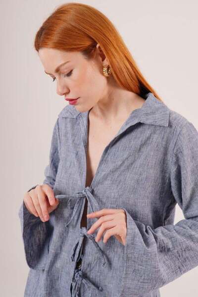 DEAG    Front Tie Detailed Trousers and Shirt Indigo Double Set