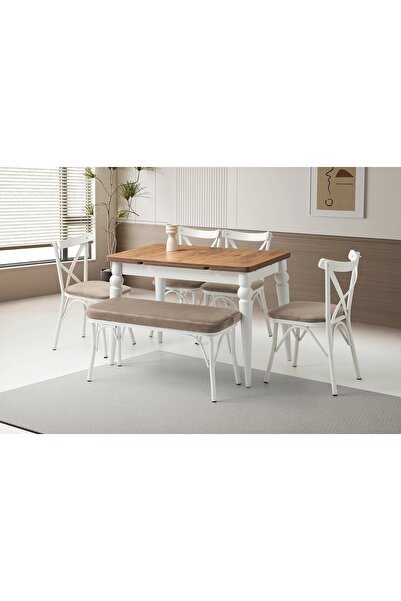 Evistro Ahşap Salon Yemek Masa Sandalye Takımı 1 Bench 4 Sandalyeli Yandan Açılır Büyüyen Meşe 70x110cm