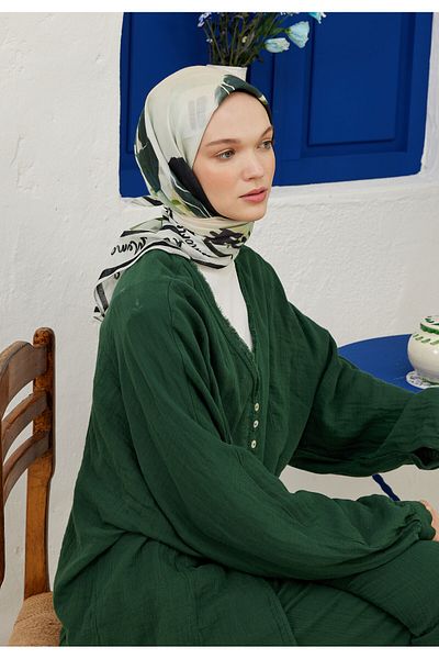 Fresh Green Soft Scarf - Sunset Memories Patterned Cotton Voile