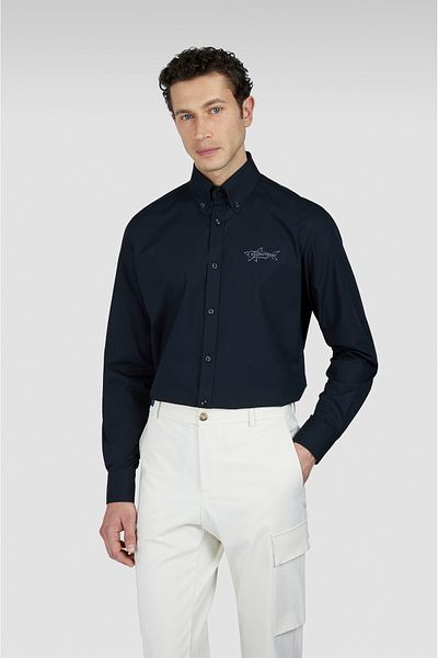 PAUL&SHARK Men's Slim Fit Shark Printed Cotton Long Sleeve Black Shirt on the Back 25413517 -011