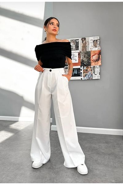 LİSAA BUTİK White Wide Leg Polyviscon Trousers