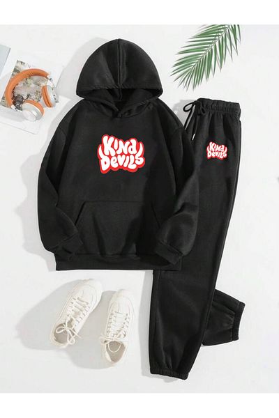 RPT MODA Oversized Kind Printed Detail Hooded Kangaroo Pocket Double Set Tracksuit