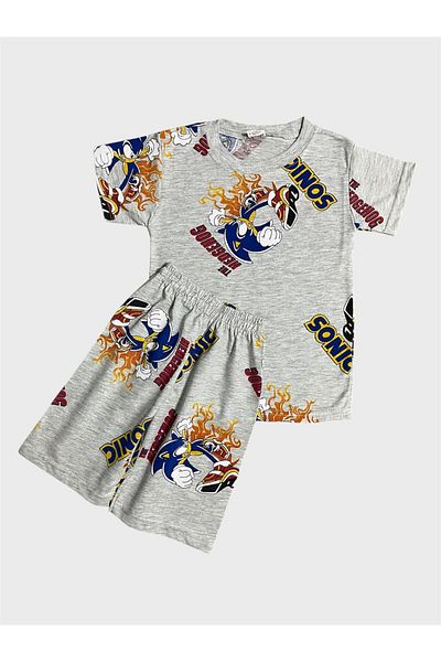 ALİŞ KİDS Boy's Cotton Gray Sonic Pattern Short Sleeve Shorts Pajama Set
