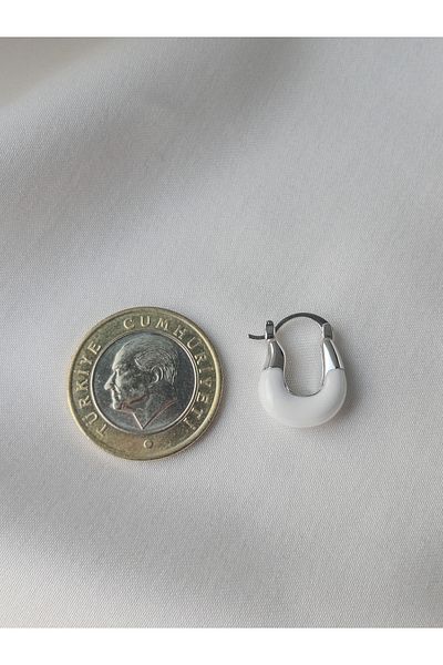 Siya Silver U Model Silver Colored Steel Earrings with White Enamel