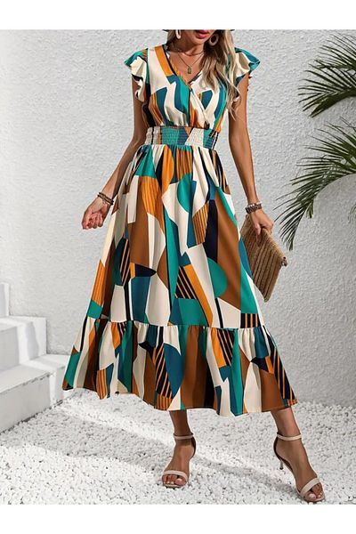 MODAVERA Women's Short Sleeve Double Breasted Collar Elastic Waist Patterned Maxi Length Single Jersey Dress